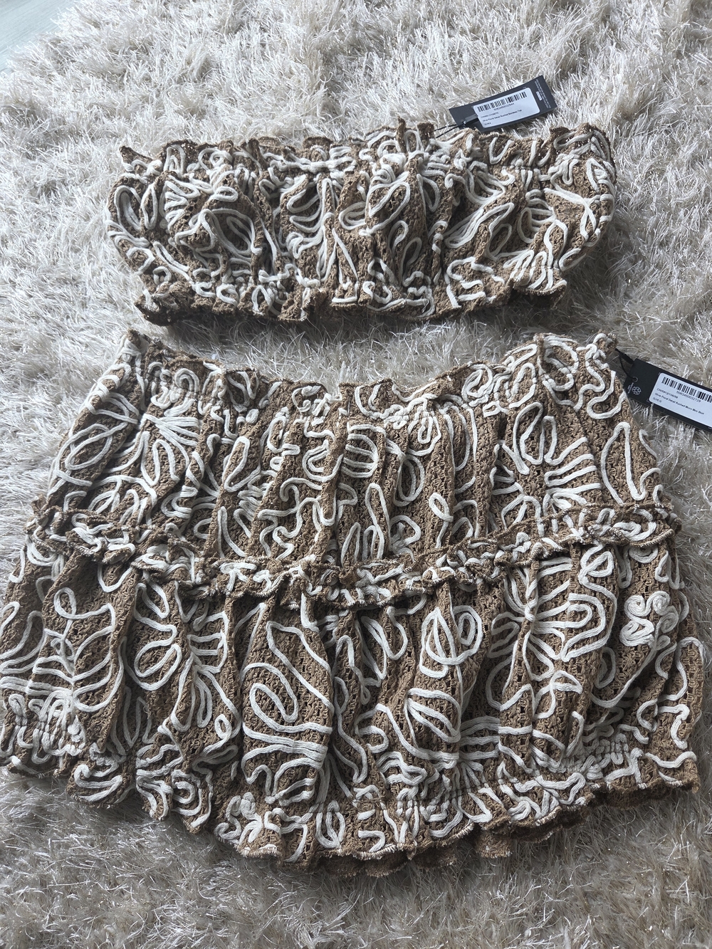 PrettyLittleThing Brown and White Crochet Two-Piece Skirt Set S Or M